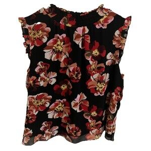 J Crew Top Blouse XL Black Red Floral Sleeveless Sheer Lightweight